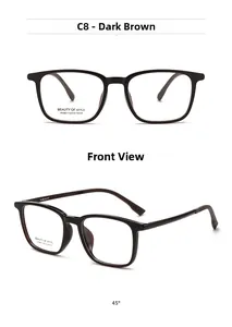 Close-up of dark brown square optical frames with dimensions 52-18-148 for women
