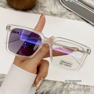 Detail view of square photochromic glasses showing anti-blue light lens color transition