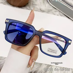 Detail of square photochromic blue light blocking glasses with matte navy frames