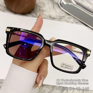 Detail of square photochromic and blue light blocking glasses with gold metal hinges