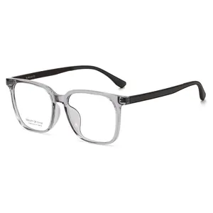 Fashionable square transparent grey eyeglass frames with black temples for women
