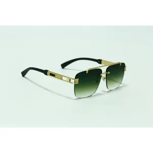 Men's square frameless sunglasses with green gradient lenses and wood grain temples