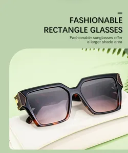 Detailsicht der rechteckigen Schildpatt-Sonnenbrille mit goldenen Scharnieren und Farbverlauf