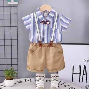 Boys summer cotton set with blue striped short sleeve shirt and khaki suspender shorts
