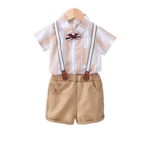Boys khaki striped short sleeve shirt and suspender shorts outfit with bowtie