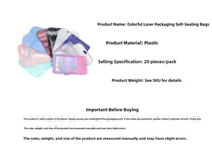 Detailed view of colorful laser self-sealing plastic jewelry bags, 20 pieces per pack