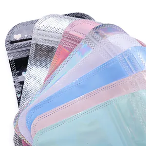 Variety of holographic laser jewelry bags with heart patterns and zipper seal finish