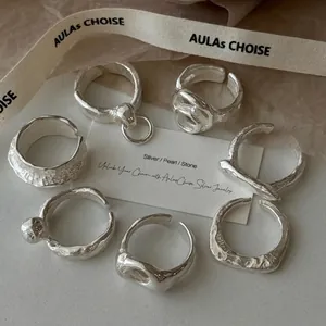 Bagues Ouvertes en Argent Sterling 925 Pour Femmes Texture de Lave Irrégulière Minimaliste Coeur Lune Étoile Fleur Bijoux de Mode Réglables
