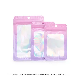 Detailed view of iridescent laser packaging bags with resealable zippers and hanging holes