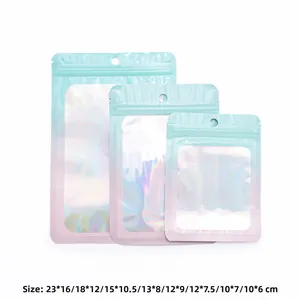Detailed view of light blue holographic resealable bags in various sizes with clear windows