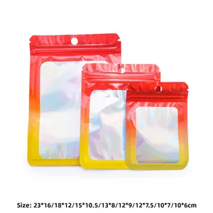 Detail showing holographic laser zip-lock bags in three sizes with rainbow film and sizes