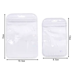 Detailed view of iridescent laser bags with heart patterns in two specific sizes