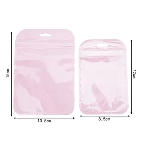 Pink holographic resealable bags showing 15x10.5cm and 13x8.5cm size specifications
