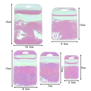 Five assorted sizes of iridescent laser resealable plastic bags for jewelry packaging