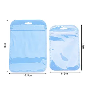Close-up of holographic blue resealable bags showing display holes and zipper closure details