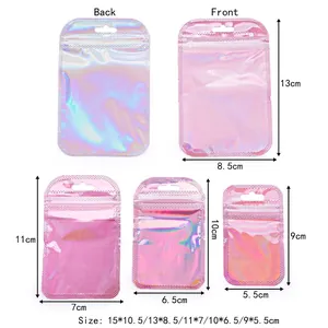 Holographic laser resealable bags showing front and back views with five size dimensions