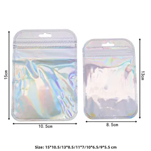 Detailed view of iridescent laser ziplock bags with reinforced edges and hanging hole