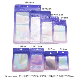 Size chart showing 8 dimensions of holographic purple resealable bags from 10x6cm to 23x16cm