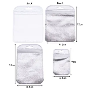 Detail view of holographic laser bags showing front and back structures in three sizes
