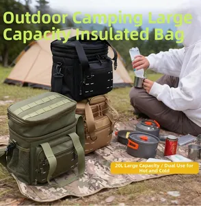 Detailed view of 20L tactical insulated picnic bags in olive, black, and khaki colors