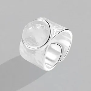 Hammered Texture Wide Band Adjustable Open Ring For Women Minimalist Inlaid Round Crystal Copper Ring Jewelry Fashion Accessories