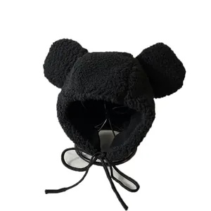 Warm black sherpa trapper hat for women with cute animal ears and adjustable drawstring