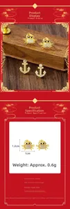 Detailed view of gold crab and anchor stud earrings with white rhinestones and copper base