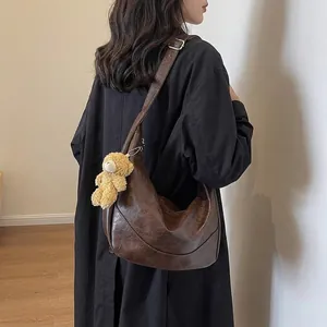 Women Retro Large Capacity Synthetic Leather Hobo Shoulder Bag With Plush Bear Charm Wrinkled Texture Crossbody Bag