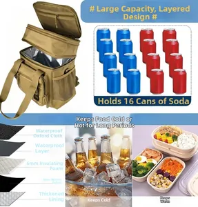 Tactical khaki insulated lunch bag with 16 cans capacity and 5-layer thermal material