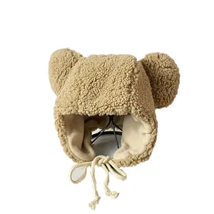 Winter warm plush trapper hat with cute bear ears and windproof earflaps for women