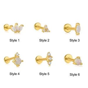 Set of six gold S925 silver opal labret studs with various geometric crown and triangle designs