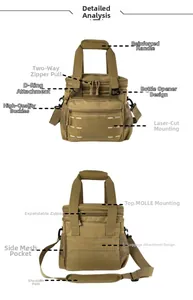 Detail view of khaki tactical cooler bag with MOLLE system and padded shoulder strap