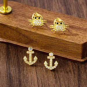 Vintage Gold Plated Copper Alloy Zirconia Crab Anchor Stud Earrings Light Luxury Ocean Style Marine Jewelry For Women Gift