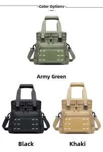 Tactical insulated cooler bags shown in green, black, and khaki for outdoor picnic use