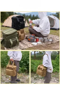 Three-way split view of tactical insulated cooler bags in outdoor forest camping setting