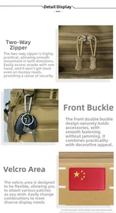 Detail of khaki insulated bag with dual zippers, front D-buckle, and Velcro patch panel