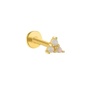Gold s925 silver labret stud featuring three white opal stones in a triangle setting