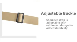 Detail of adjustable khaki nylon shoulder strap with a black reinforced plastic buckle