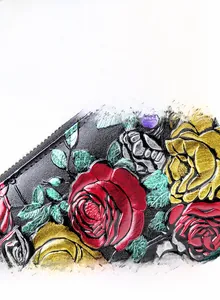 Detail of genuine cowhide leather wallet with 3D colorful embossed rose floral pattern