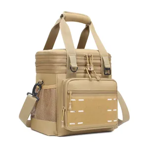 Tactical khaki insulated picnic cooler bag with shoulder strap and durable handles