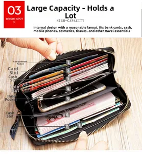 Detailed view of internal multi-functional compartments and card slots in long leather wallet