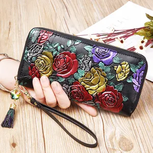 Women Genuine Leather Long Wallet 3D Embossed Floral Butterfly Pattern Clutch Purse Tassel Zipper Handbag Gift For Her