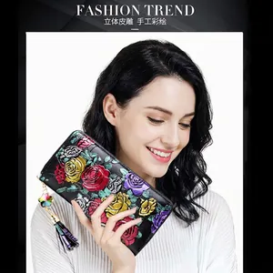 Women's 3D embossed leather wallet with hand-painted floral pattern and tassel zipper