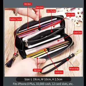 Black leather long wallet with zipper, wrist strap, and 12 card slots, 19x10cm size