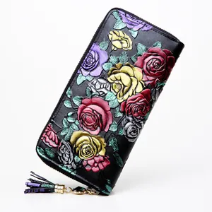 Black leather long wallet for women with 3D floral rose embossing and tassel zipper