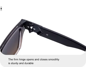 Makrodetail der robusten Metallscharniere an der schwarzen quadratischen Sonnenbrille