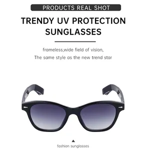 Detail view of black frame sunglasses with purple gradient lenses and UV protection