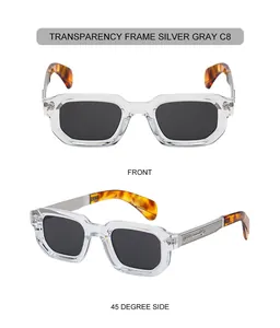 Détail de lunettes de soleil transparentes avec branches argentées et embouts léopard