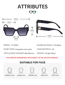 Technische Zeichnung der schwarzen quadratischen Sonnenbrille mit lila Verlaufsgläsern