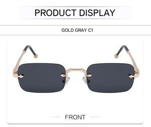 Vista frontal de gafas de sol cuadradas sin montura en color dorado y gris